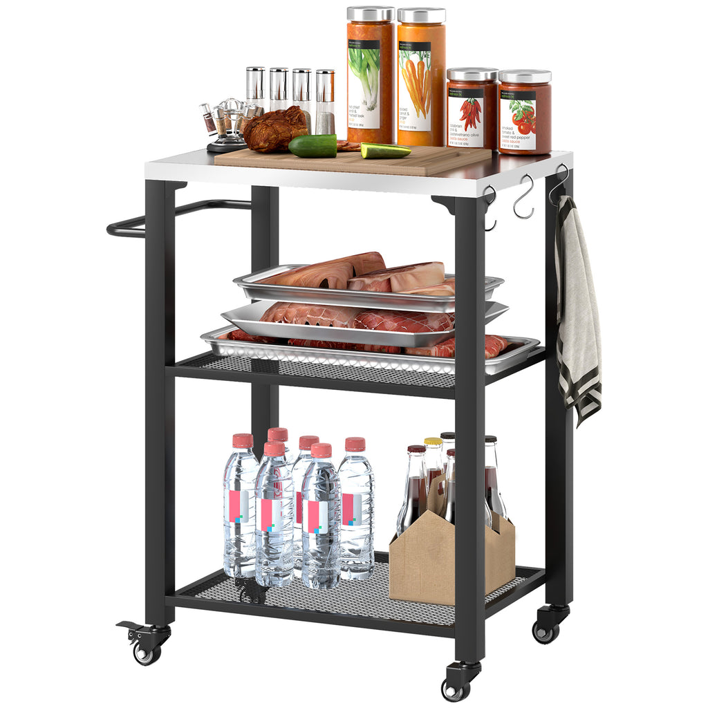 DodiOnline Three-Shelf Outdoor Grill Cart with Stainless Steel Top, Outdoor Kitchen Island with 4 Wheels, 3 Hooks, Movable Food Prep Pizza Oven Table for Kitchen, Patio, Garden, 65.5 x 41 x 79 cm