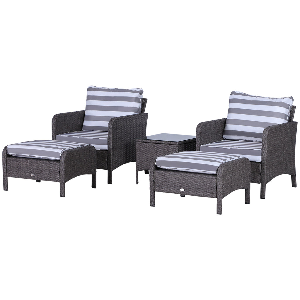 DodiOnline 5 Pieces PE Rattan Outdoor Furniture Set with 10cm Thick Padded Cushions, Wicker Weave Outdoor Seating Chairs with 2 Armchairs, 2 Stools, Glass Top Table, Dark Grey