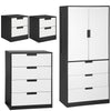 DodiOnline Bedroom Furniture Set, Wardrobe with Hanging Rod, 4 Drawer Chest of Drawers, 2 Bedside Tables with Storage, White and Black