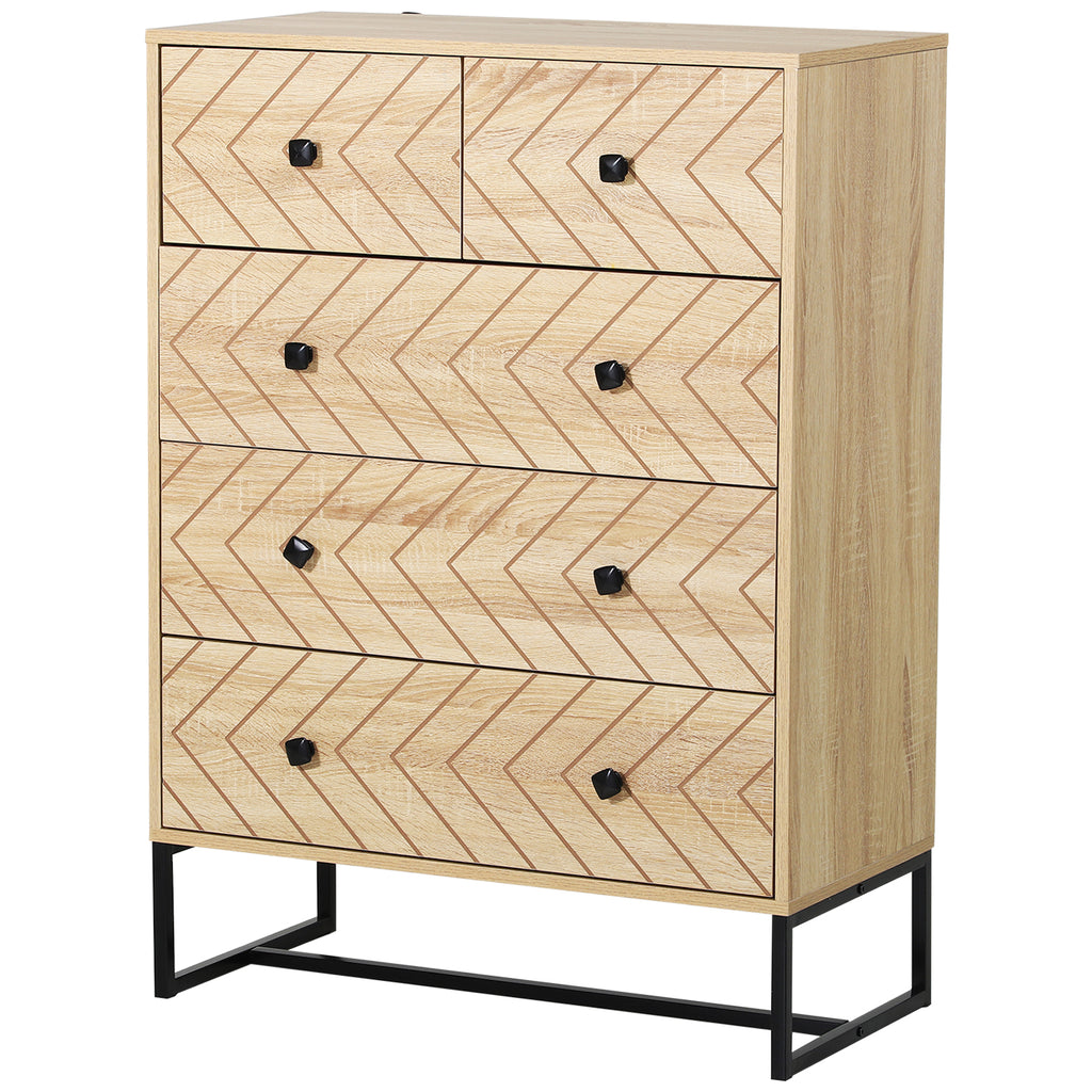 DodiOnline 5 Drawer Chest Sideboard Cabinet Storage Unit Bedroom Home Unique Zigzag Design w/ Black Metal Handles Anti Tip & Top