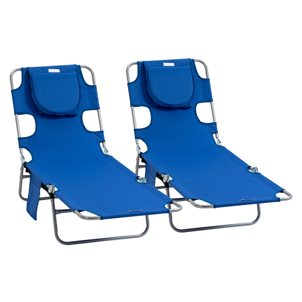 DodiOnline 2 Pieces Foldable Sun Lounger with Reading Hole, Portable Sun Lounger with 5 Level Adjustable Backrest, Reclining Lounge Chair with Side Pocket, Headrest Pillow, Blue