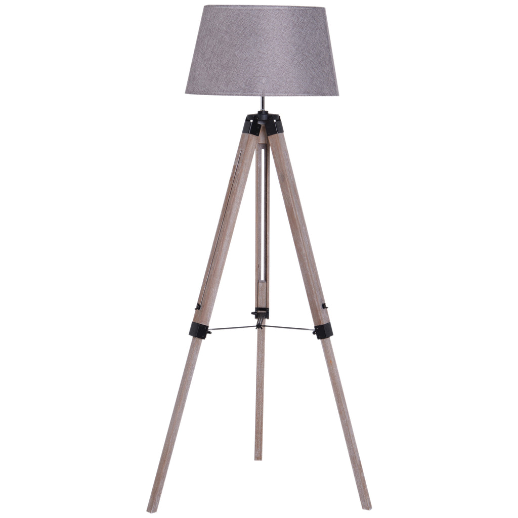 DodiOnline Tripod Floor Lamps for Living Room Bedroom, Modern Adjustable Standing Lamp with Wood Legs, Drum Fabric Shade, 99-143cm, Grey