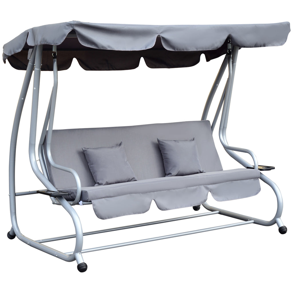 DodiOnline 2-in-1 Garden Swing Seat Bed, 3 Seater Convertible Swing Chair Bench with Tilting Canopy, Cushioned Seat and 2 Pillows for Patio, Yard, Grey