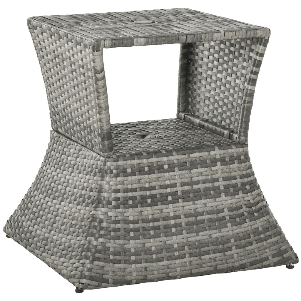 DodiOnline Outdoor Patio Rattan Wicker Coffee Table Bistro Side Table w/ Umbrella Hole and Storage Space, Grey