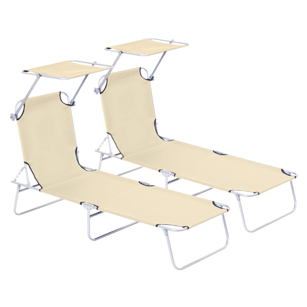 DodiOnline 2 Pieces Outdoor Foldable Sun Lounger, 4 Level Adjustable Backrest Reclining Sun Lounger Chair with Angle Adjust Sun Shade Awning for Beach, Garden, Patio, Beige