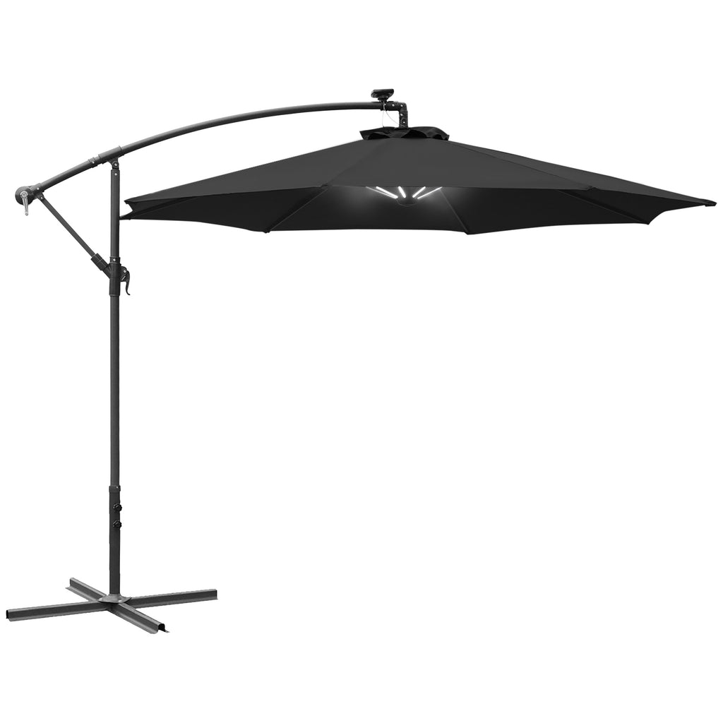 DodiOnline 3m LED Patio Banana Umbrella Cantilever Parasol w/ Crank Cross Base Hanging Offset Umbrella Frame Steel  Aluminium Garden Table Outdoor Black