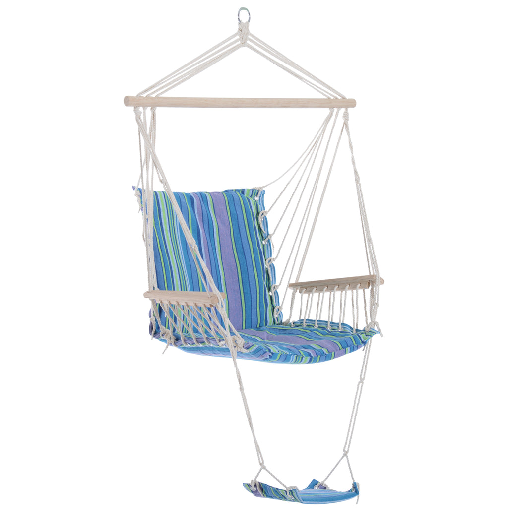 DodiOnline Hanging Rope Chair with Soft Padded Seat & Backrest, Portable Garden Hammoc Chair with Wooden Support Bar, Armrests, Cotton Cloth, Footrest, for Patio & Tree, Blue