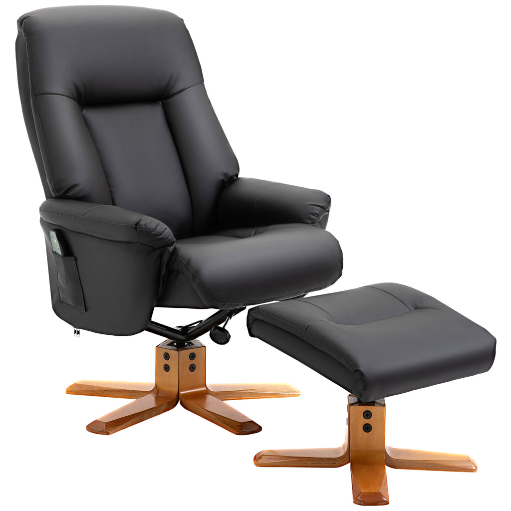 DodiOnline 10-Point Massage Sofa Armchair Chair PU Leather W/ Footrest Stool Heat Recliner Black