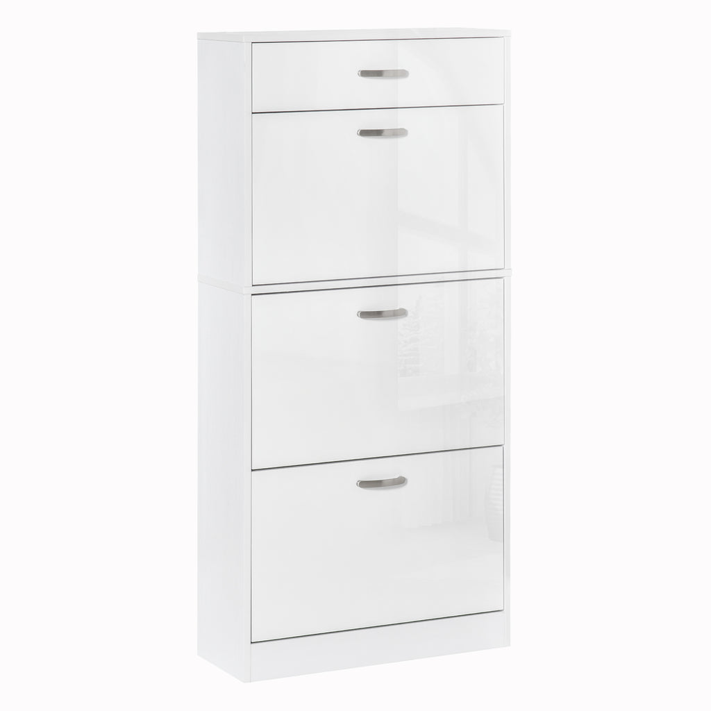 DodiOnline Shoe Cabinet with 3 Flip Drawers, High Gloss Shoe Storage Cabinet with Top Drawer and Adjustable Shelves, Shoe Cupboard for 18 Pairs, White