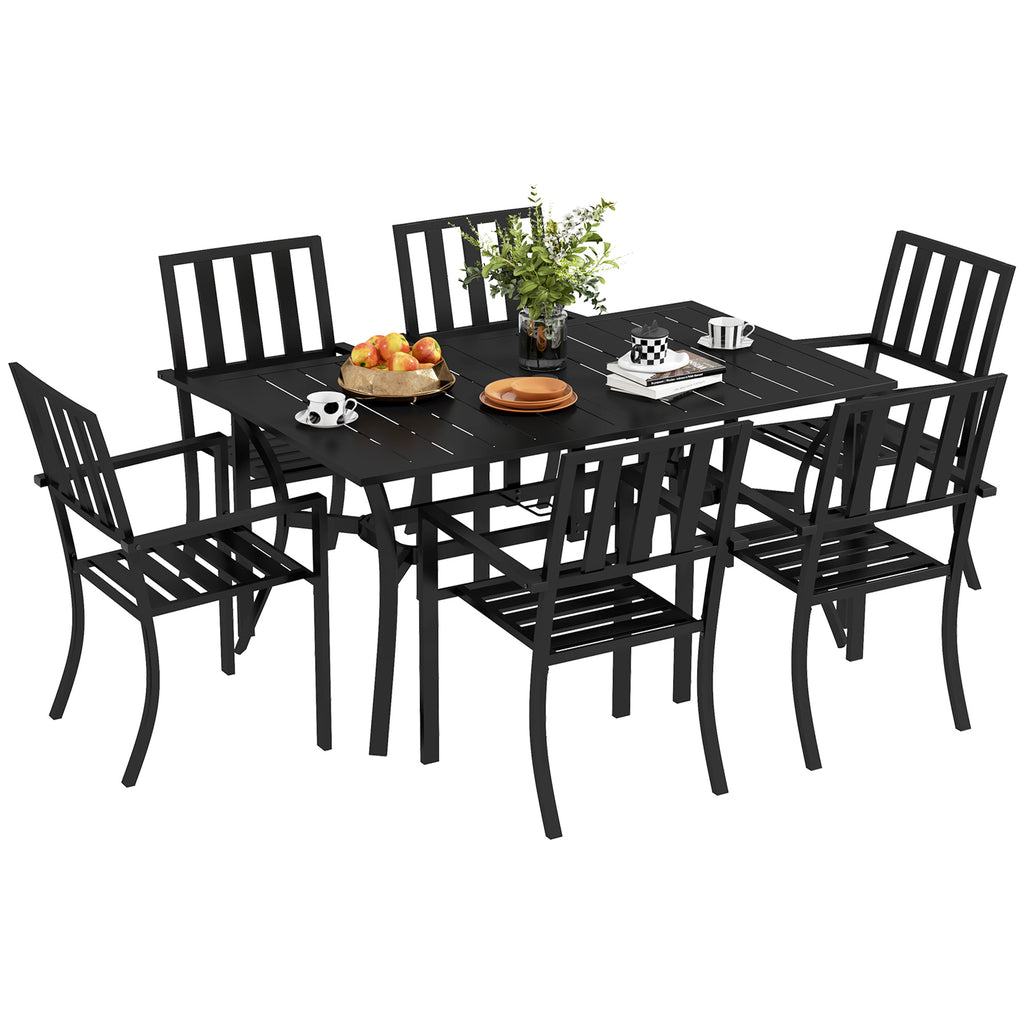 DodiOnline 7 Pieces Garden Table and Chairs 6 Seater Outdoor Table and Chairs with Umbrella Hole, for Poolside, Garden, Black