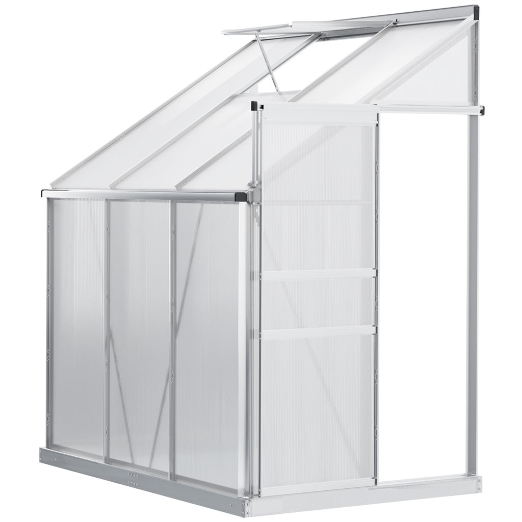 DodiOnline 6 x 4ft Lean to Wall Polycarbonate Greenhouse Aluminium Walk-in Garden Greenhouse with Adjustable Roof Vent, Rain Gutter and Sliding Door, Clear