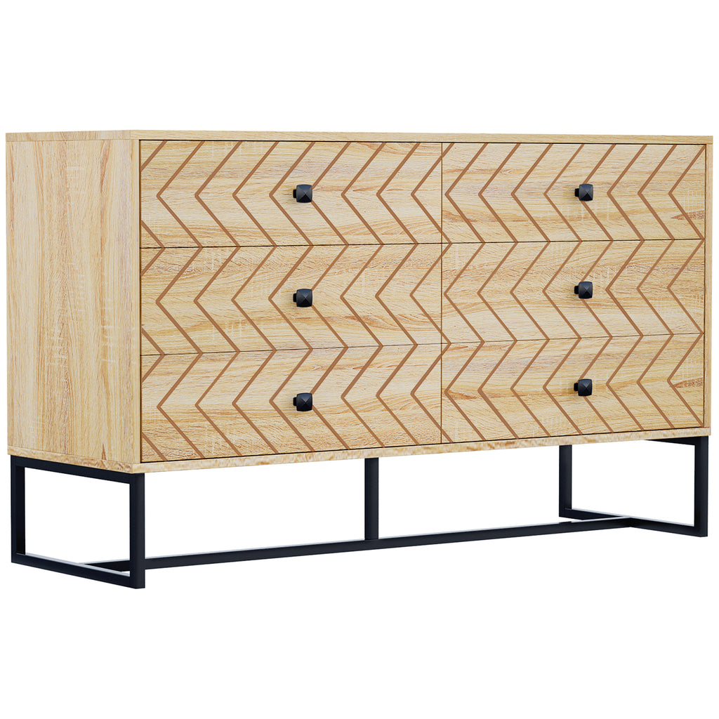 DodiOnline Bedroom Chest of Drawers, 6 Drawer Dresser, Sideboard Cabinet with Zigzag Design and Metal Base, Storage Drawer Unit, 120x71cm, Natural