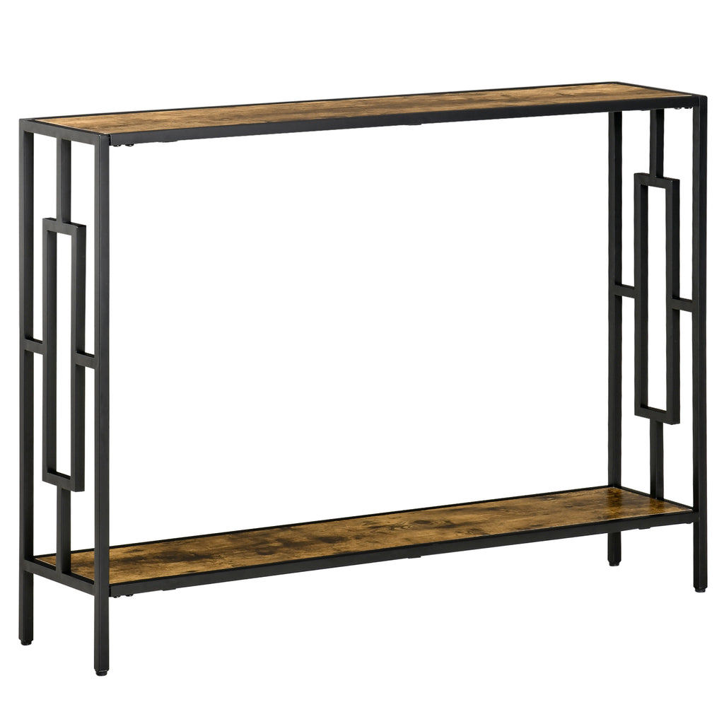 DodiOnline Industrial Console Table with Storage Shelf, Narrow Hallway Dressing Desk with Metal Frame for Living Room, Bedroom, Rustic Brown