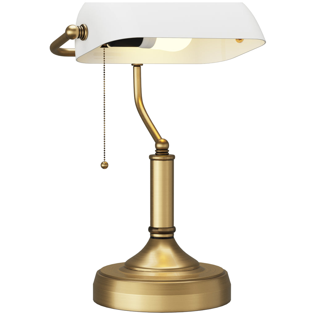 DodiOnline Banker's Desk Lamp with Antique Bronze Tone Base, Table Lamp with White Glass Shade for Home Office, White