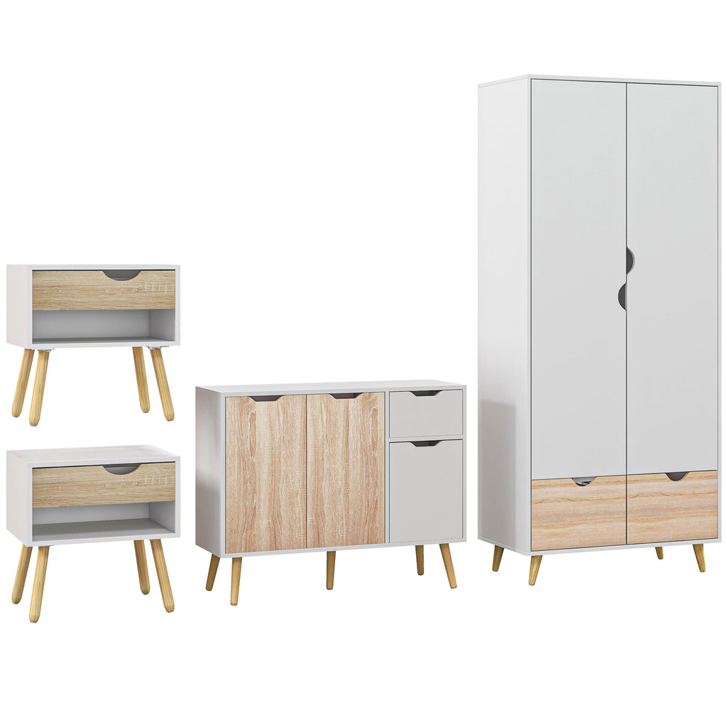 DodiOnline Bedroom Furniture Set, Wardrobe with Hanging Rod, Side Cabinet with wood legs , Bedside Table with Drawer, Nature Wood Finish and White