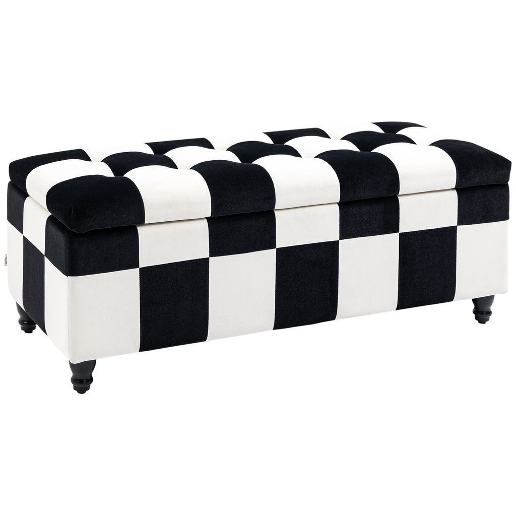 DodiOnline 114 x 47 x 47cm Velvet Storage Ottoman, Button-tufted Footstool Box, Toy Chest with Lid for Living Room, Bedroom, White and Black