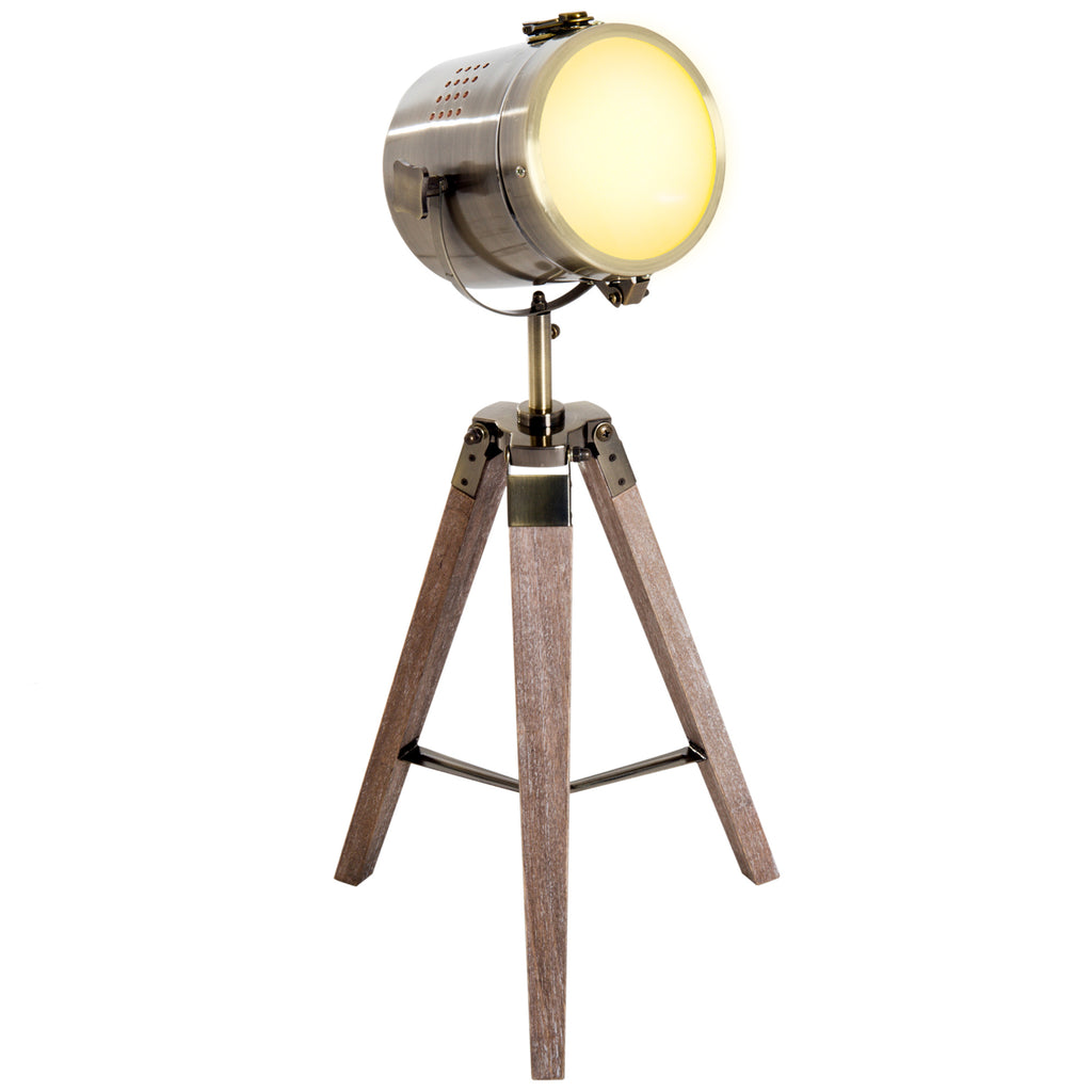 DodiOnline Vintage Tripod Table Desk Lamp Bedside Light Spotlight Brass Antique Searchlight Wooden Base