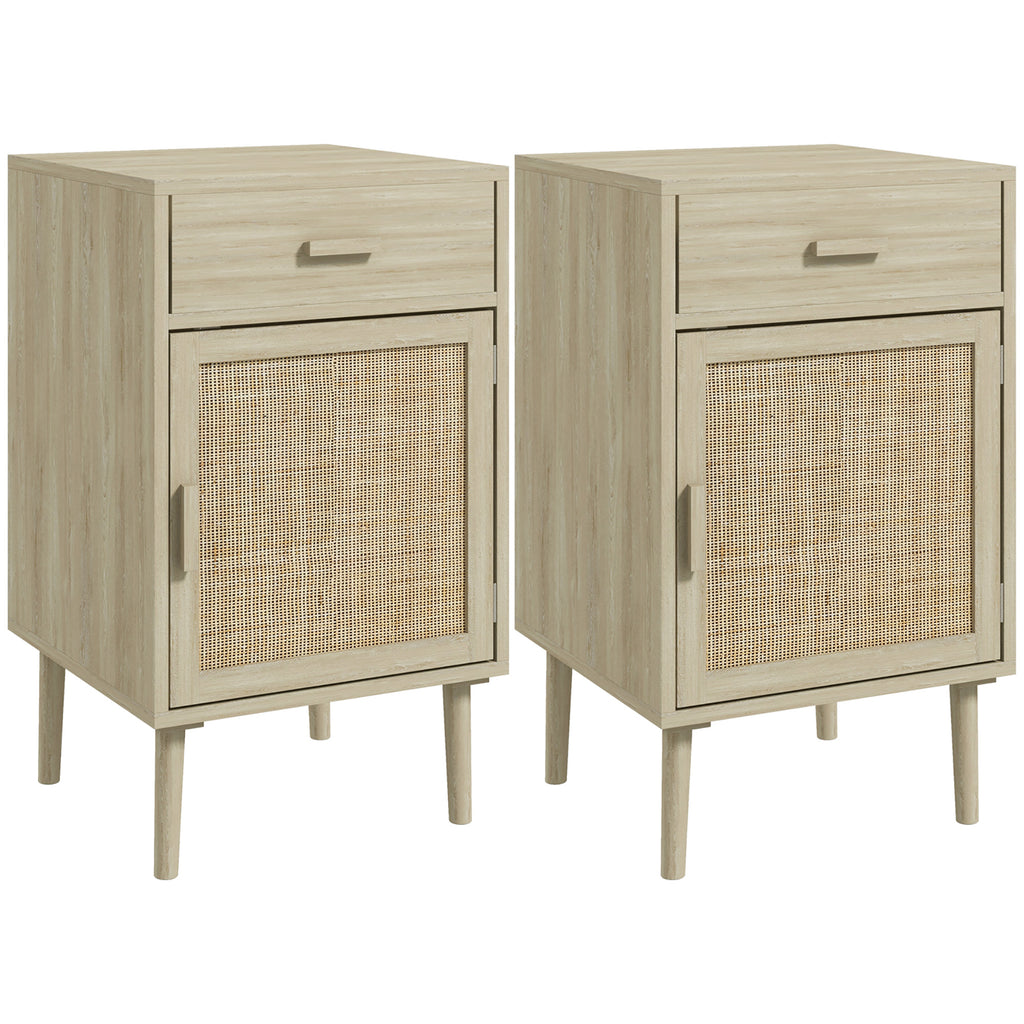 DodiOnline Bedside Table Set of 2, Rattan Side Tables with Drawer, Cabinet and Adjustable Shelf, Boho Bedside Cabinet with Storage for Bedroom, Living Room, Natural Wood Effect