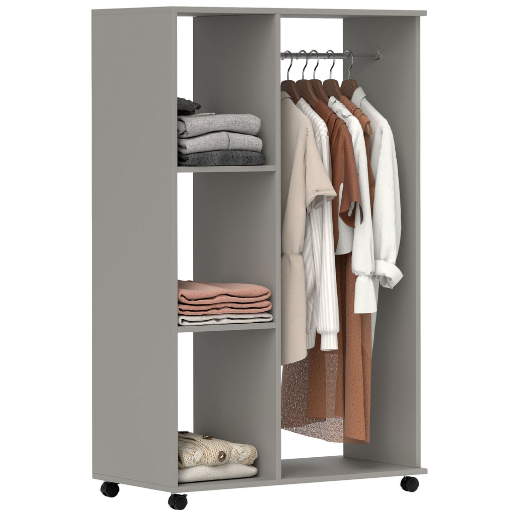 DodiOnline Open Wardrobe on Wheels with Clothes Rail, Bedroom Clothes Storage with Hanging Rod, 3 Storage Shelves, Mobile Garment Rack for Cloakroom, Hallway, Grey