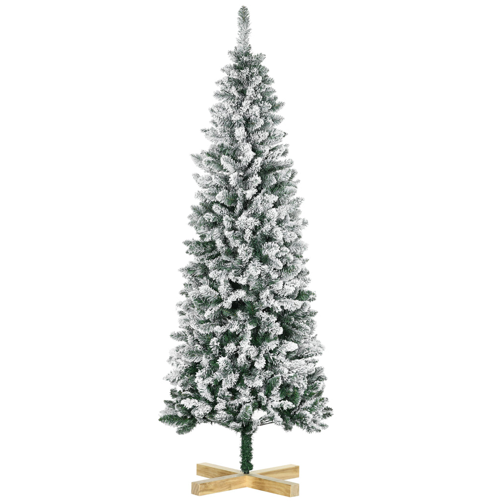 DodiOnline 6 Ft Snow Flocked Artificial Christmas Tree, Xmas Pencil Tree with Realistic Branches, Auto Open, Pinewood Base, Green