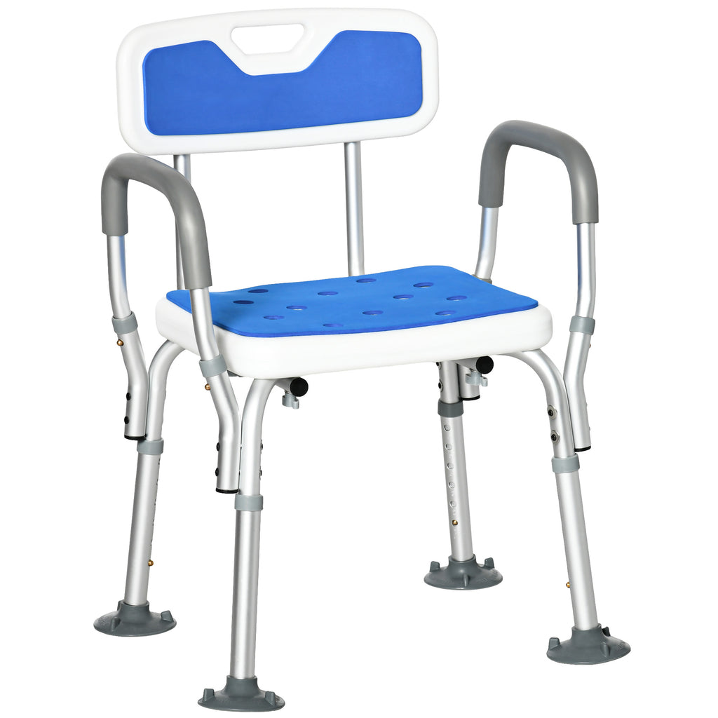 DodiOnline EVA Padded Shower Chair for the Elderly and Disabled, Height Adjustable Shower Stool with Back and Arms, 4 Suction Foot Pads, Blue