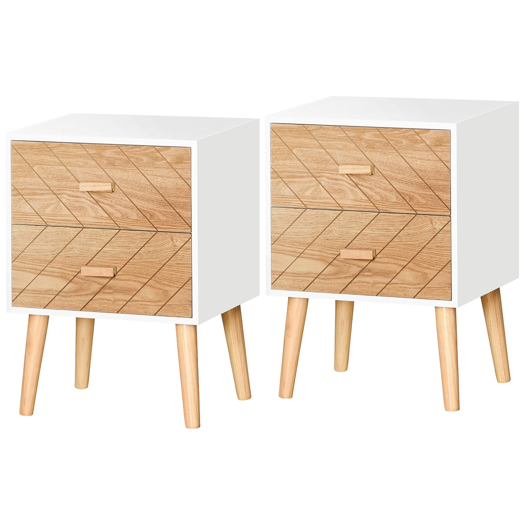 DodiOnline 2 Drawers Bedside Table with Pine Legs, Bedroom Wooden Storage Cabinet, Set of 2, Natural