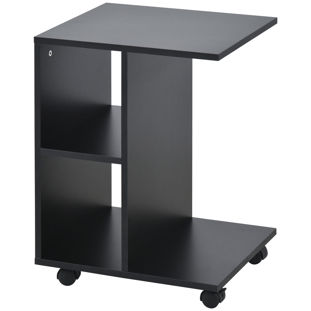 DodiOnline C-Shape End Table Unique Storage Unit w/ 2 Shelves 4 Wheels Freestanding Home Furniture Cabinet Square Black