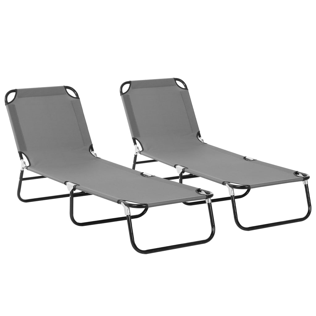 DodiOnline 2 Piece Foldable Sun Loungers with 5-Position Adjustable Backrest, Outdoor Portable Recliner Chaise Lounge Chairs with Breathable Mesh Fabric, Grey