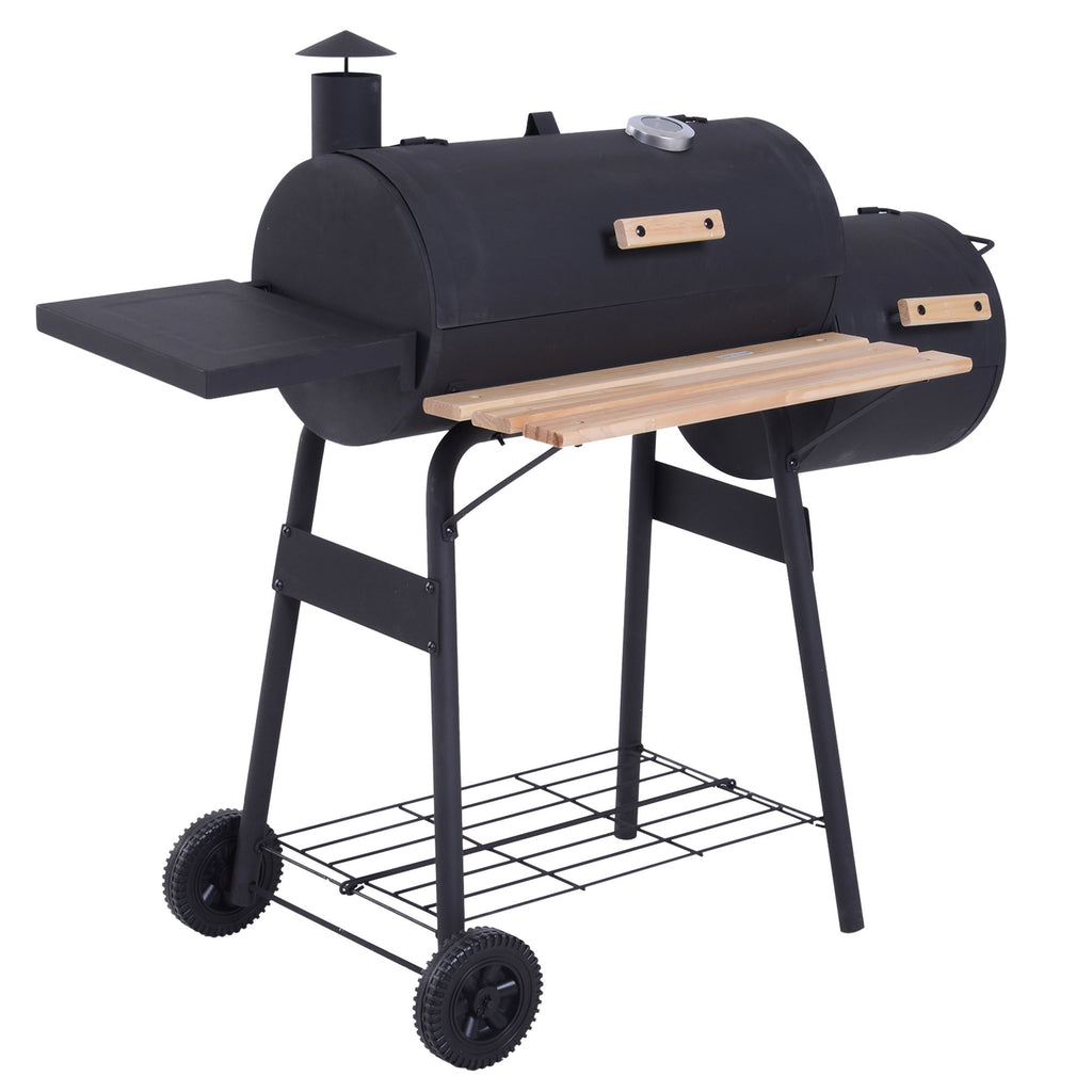 DodiOnline Portable Charcoal BBQ Grill, Cold-rolled Steel, Solid Wood, 104H x 124L x53W cm-Black