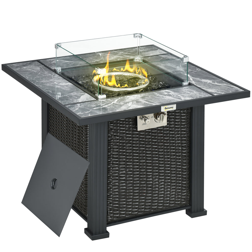 DodiOnline Outdoor PE Rattan Gas Fire Pit Table, Patio Square Propane Heater with Marble Desktop, Rain Cover, Glass Windscreen, and Glass Stones, 50,000 BTU, Black