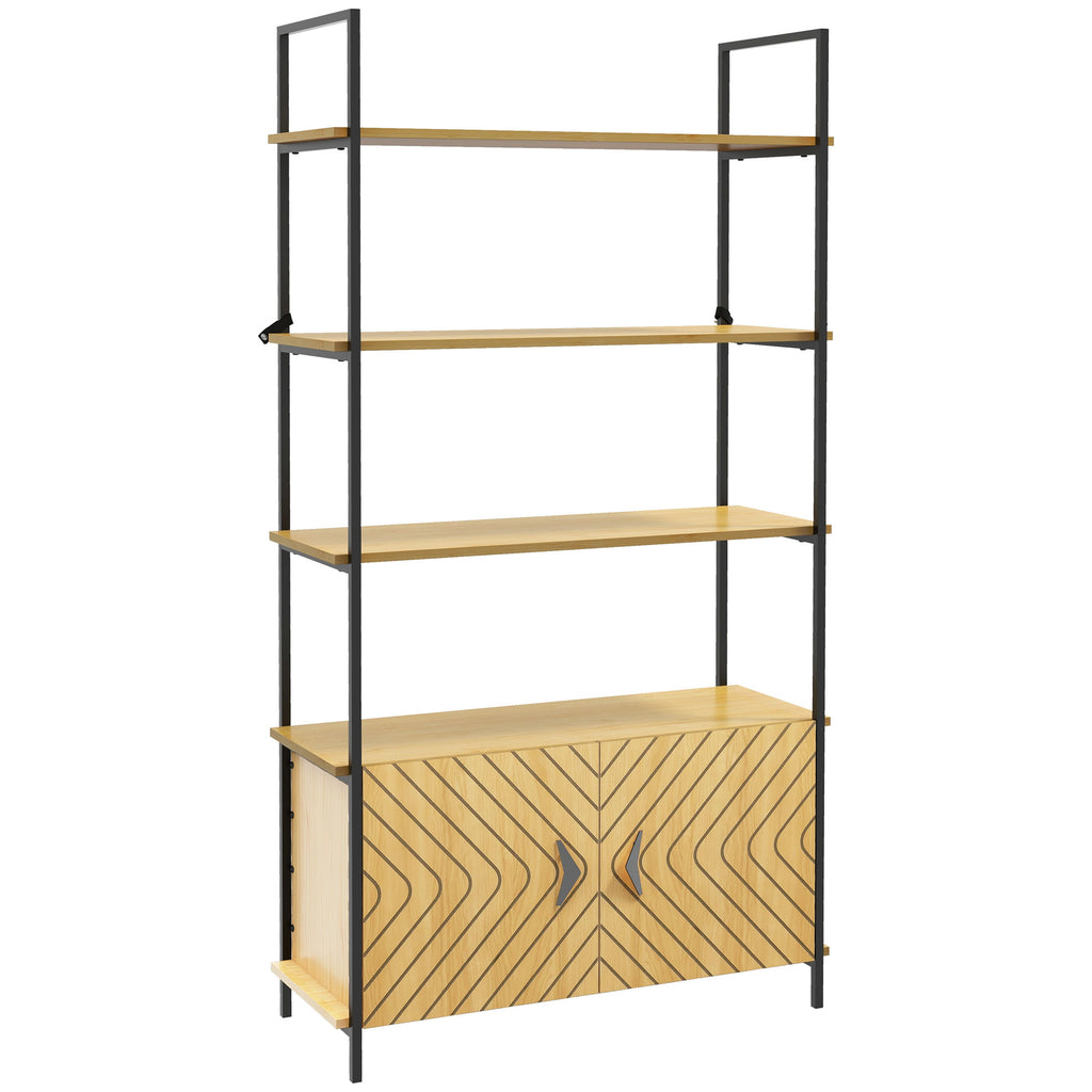 DodiOnline Bookcase 4-Tier Storage Shelf with Double Door Cabinet and Metal Frame for Living Room, Bedroom, Oak Tone