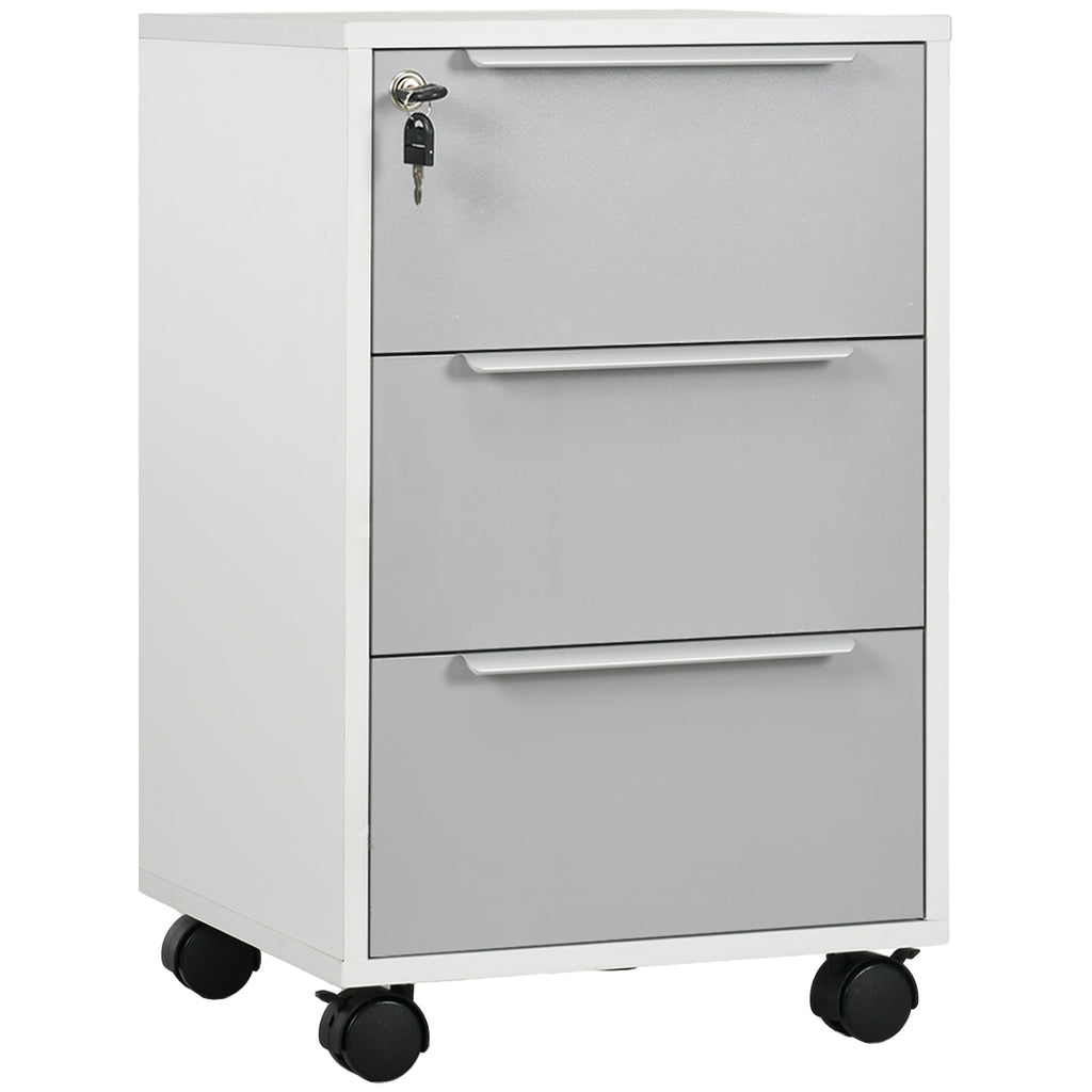 DodiOnline 3-Drawer Lockable Filing Cabinet, File Cabinet on Wheels, Mobile Office Storage Drawers for Home Office, Bedroom and Living room, White and Grey