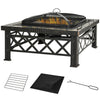 DodiOnline Large Outdoor Fire Pit Table, 3 in 1 Square Wood Burning Firepit Metal Brazier, BBQ Grill, Ice Bucket w/ Grill Grate, Log Grate, Lid, Poker for Garden, Camping, Bonfire, 76 x 76 x 47cm, Black