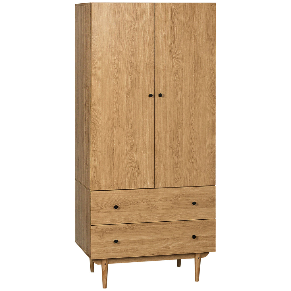 DodiOnline Wardrobe with 2 Doors, 2 Drawers, Hanging Rail for Bedroom Clothes Storage Organiser, 80x52x180cm, Natural Tone