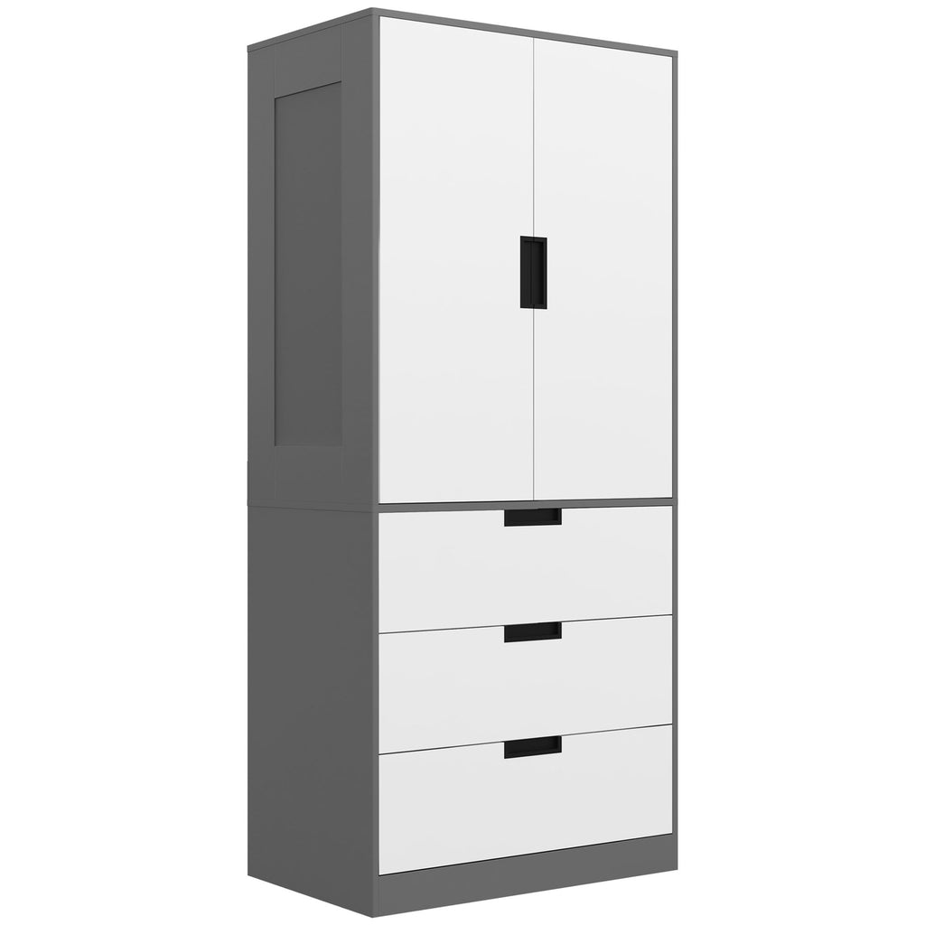 DodiOnline 2 Door Wardrobe, Modern Wardrobe with 3 Drawers and Hanging Rod for Bedroom, Grey