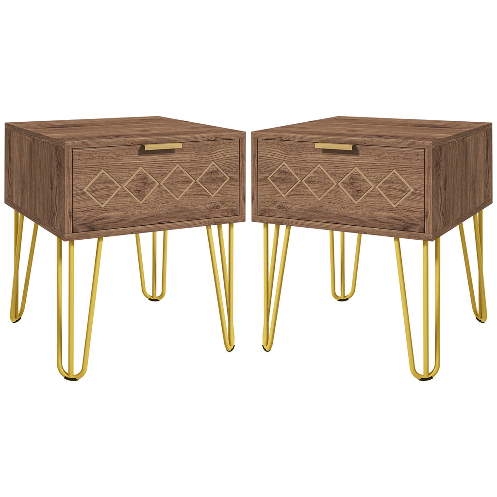 DodiOnline Bedside Table Set of 2 with Drawer, Wooden Nightstand, Modern Sofa Side Table with Gold Tone Metal Legs for Bedroom