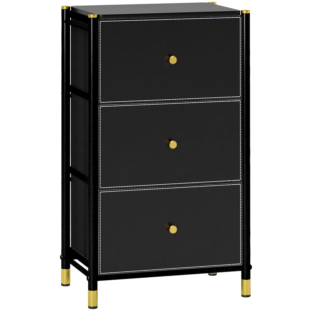 DodiOnline Faux Leather Front Chest of Three Drawers - Black