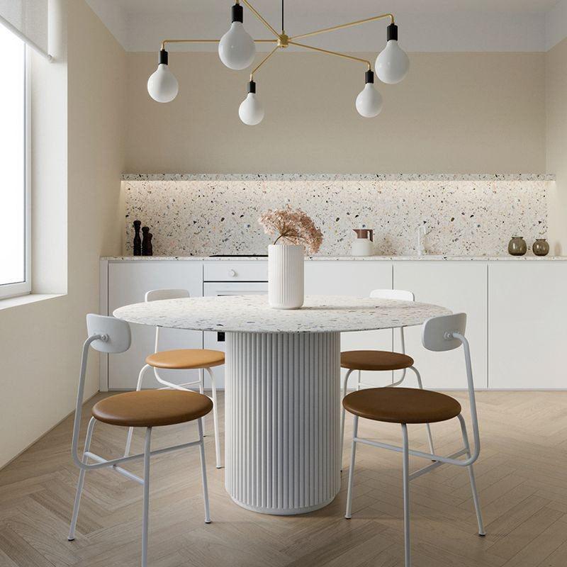 Cracky White Round Dining Table, Premium Terrazzo And Wood Base - Weilai Concept