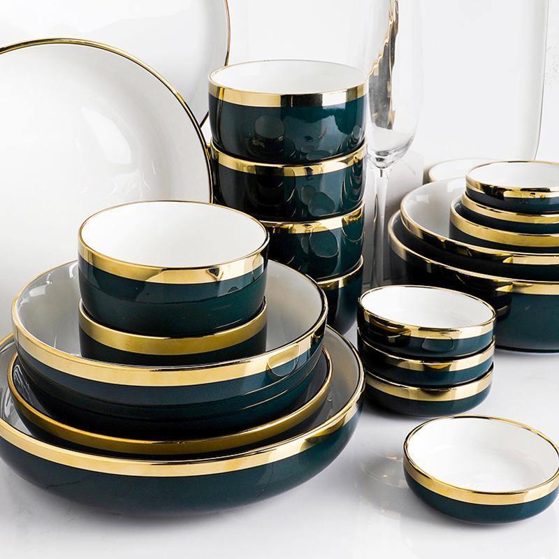 9 Piece Dinner Set, White And Dark Blue- | Get A Free Side Table Today