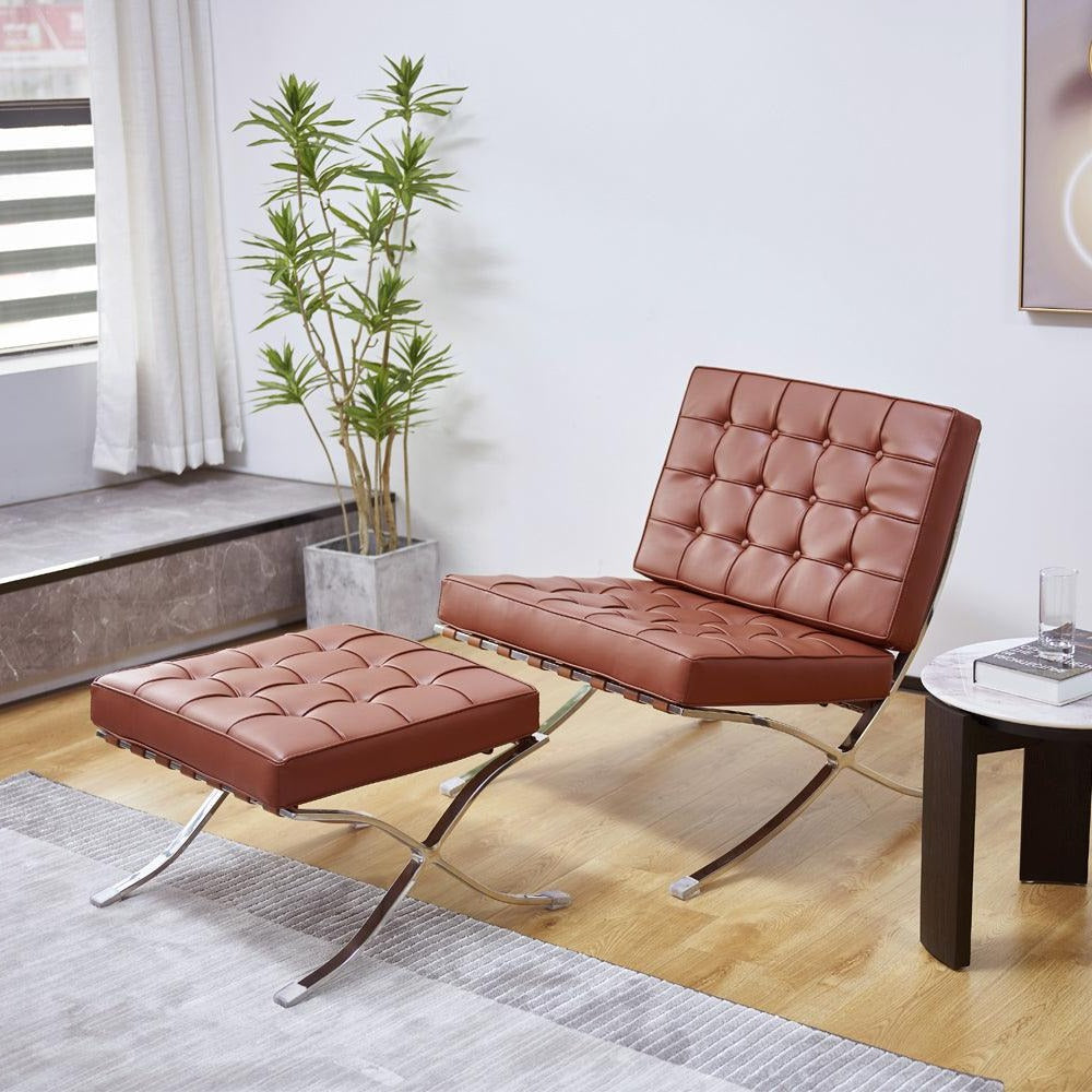 Barcelona Chair And Ottoman, Brown Leather-Weilai Concept-Weilai Concept