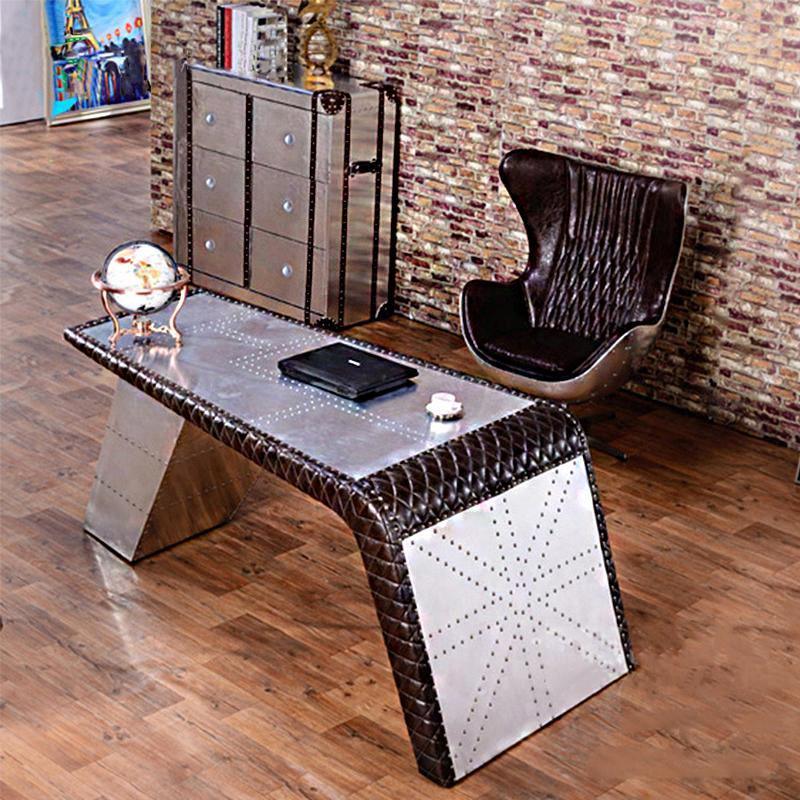 Timothy Oulton Aviator Aviation Desk, Office Desk, Aluminium With Leather- | Get A Free Side Table Today