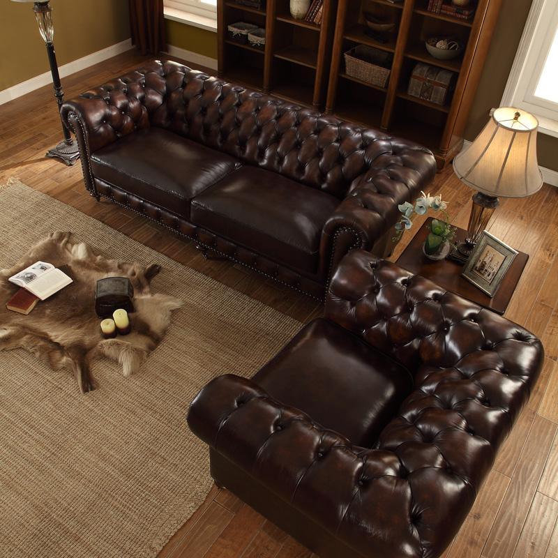 Chesterfield Two Seater Sofa, Drak Brown Real Leather- | Get A Free Side Table Today