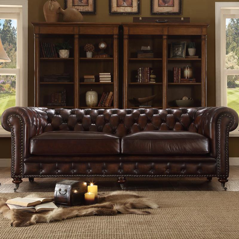 Chesterfield Two Seater Sofa, Drak Brown Real Leather- | Get A Free Side Table Today