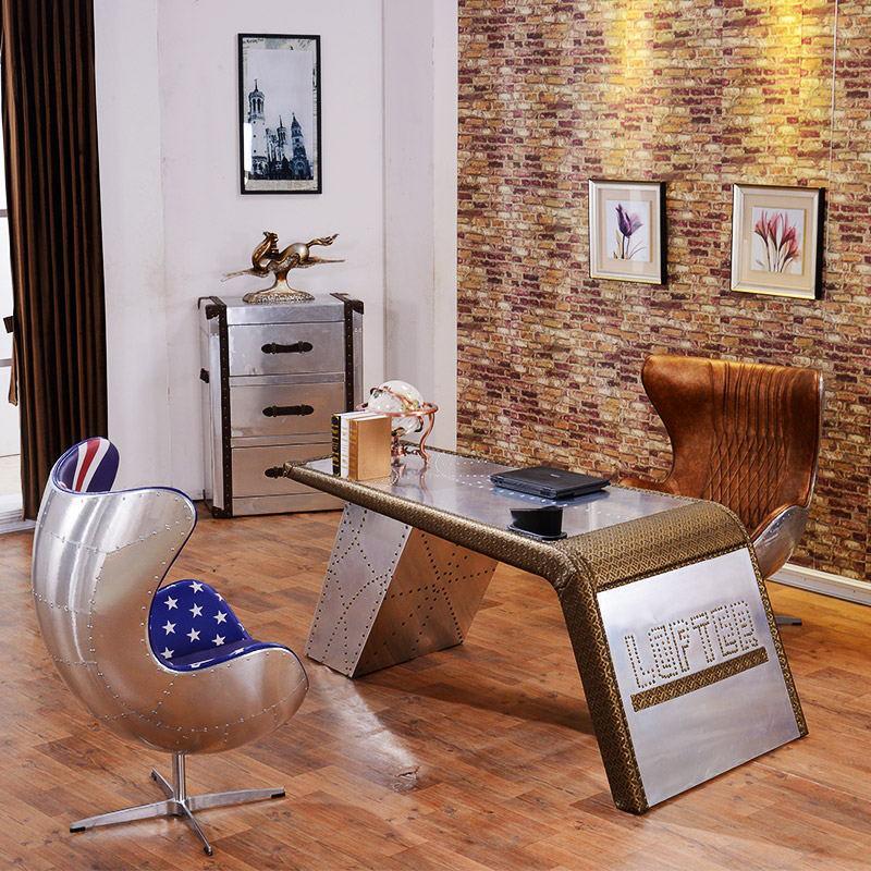 Timothy Oulton J8 Aviator Desk, Office Desk, Aluminium With Leather- | Get A Free Side Table Today